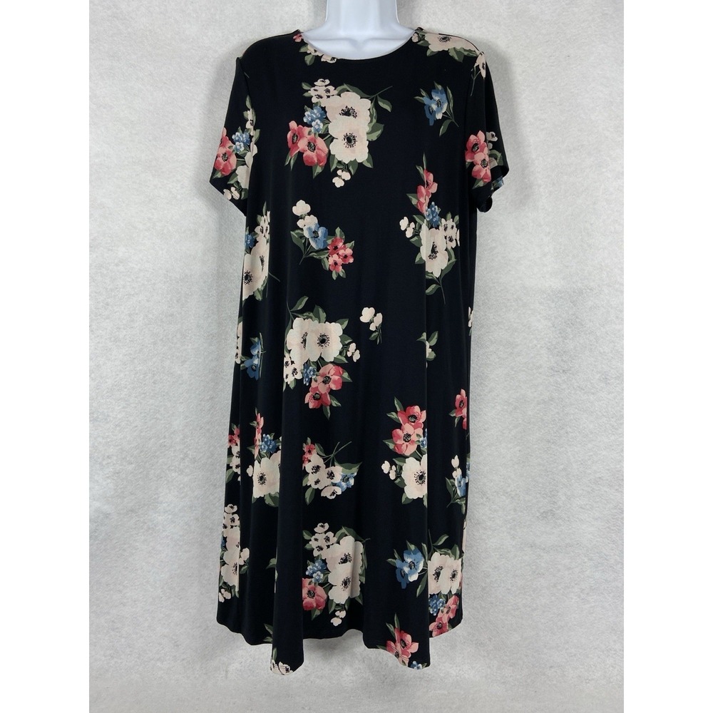 J Jill Dress Womens Large Black Shift Floral Short Sleeve Mod Cottagecore